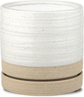 6 Inch Plant Pots, Ceramic Planter Pot with Drainage Hole & Saucer, Indoor/Outdoor Cylinder Round Planter Pot, White & Beige Glaze-Ruum Studio Home