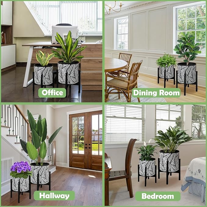 10 & 12 Inches Plant Pot with Stand Set of 2, Decorative Palm Leaves Printing Planter with Holder, Garden Pot for Snake Plant, Monstera, Houseplants - Indoor Outdoor Flower Pots with Drainage Holes-Ruum Studio Home