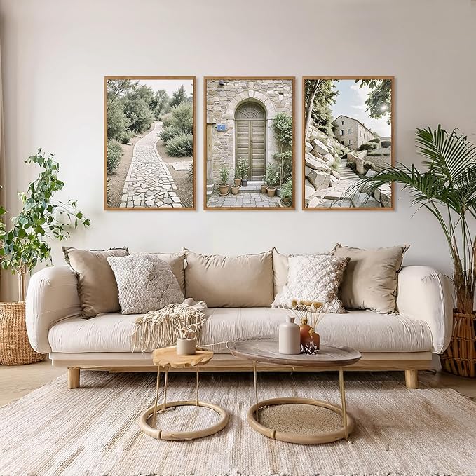 Aurlan Neutral Italy Countryside Landscape Framed Wall Art(16"x24"), 3PCS Vintage Mediterranean City Photography Gallery Canvas Artwork, Large Old Town Architecture Travel Decor Prints for Office Bedroom-Ruum Studio Home