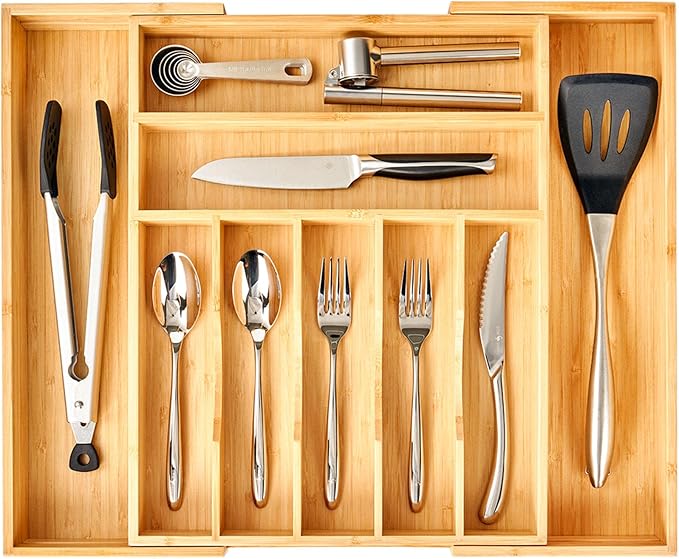 Umilife Large Expandable Kitchen Silverware Utensils Drawer Organizer, 2.5" Extra High Adjustable Drawer Divider with Curved Grooves, Bamboo Wood Cutlery Tray Flatware Holder-Ruum Studio Home