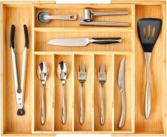 Umilife Large Expandable Kitchen Silverware Utensils Drawer Organizer, 2.5" Extra High Adjustable Drawer Divider with Curved Grooves, Bamboo Wood Cutlery Tray Flatware Holder-Ruum Studio Home