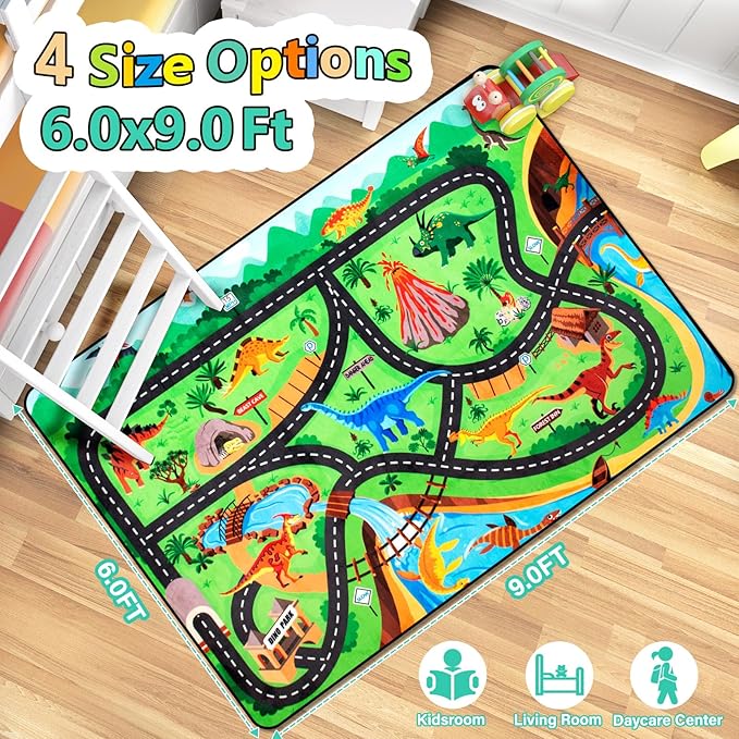 Kids Rug, Car Carpet for Kids' Toy Cars, 6x9 Ft Dinosaur Rug, Dino Safari Road Mat for Playroom, Educational Learning & Game Area Baby Play Mat Carpet for Children-Ruum Studio Home