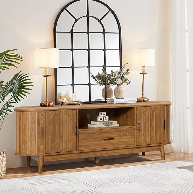 63" Fluted TV Stand for Tvs up to 70", Mid-Century Modern Entertainment Center with Drawers and Fluted Doors, Curved TV Media Console Table with Sliding Doors for Living Room, Bedroom (63")-Ruum Studio Home