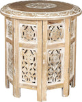 Lightnpro Hand Carved Solid Mango Wood Octagonal Accent Table - 18"×18" White Wash Farmhouse Vintage Home Décor Round End Table for Living Room, Bedroom, Entryway - Rustic Boho Side Table-Ruum Studio Home