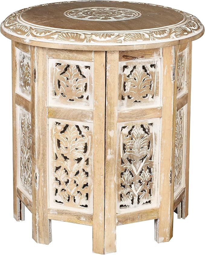 Lightnpro Hand Carved Solid Mango Wood Octagonal Accent Table - 18"×18" White Wash Farmhouse Vintage Home Décor Round End Table for Living Room, Bedroom, Entryway - Rustic Boho Side Table-Ruum Studio Home