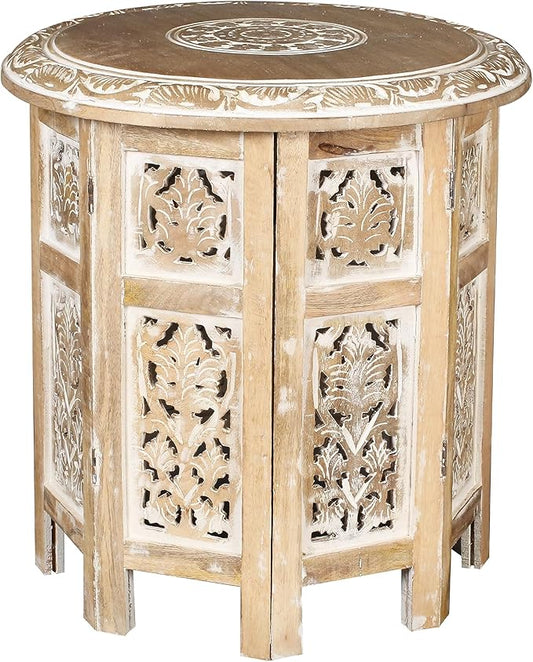 Lightnpro Hand Carved Solid Mango Wood Octagonal Accent Table - 18"×18" White Wash Farmhouse Vintage Home Décor Round End Table for Living Room, Bedroom, Entryway - Rustic Boho Side Table-Ruum Studio Home