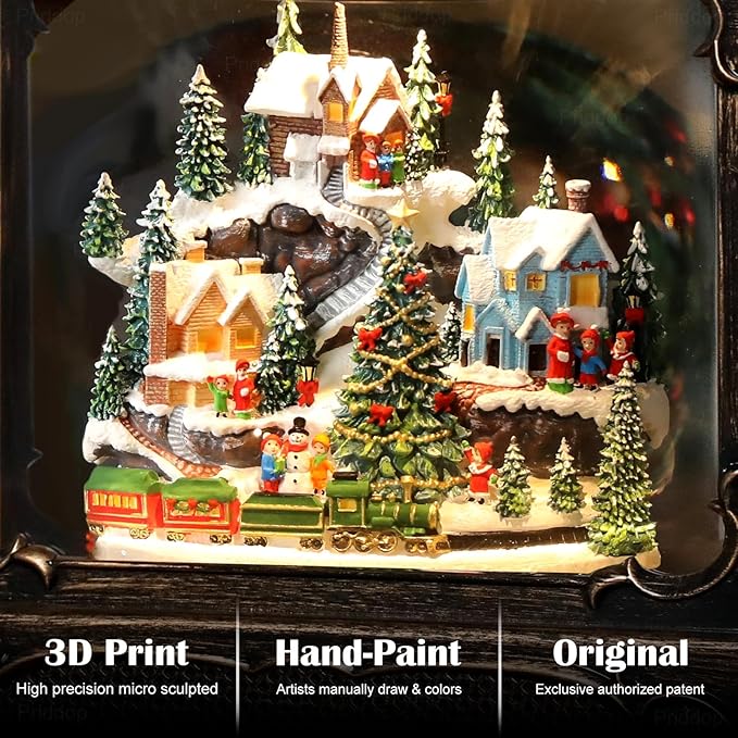 Christmas Snow Globe Lantern Christmas Decorations Gifts Snowy Village Scene Snowman Church Cabin Train Musical Glitter Snowfall USB/Battery Timer 12 inch-Ruum Studio Home