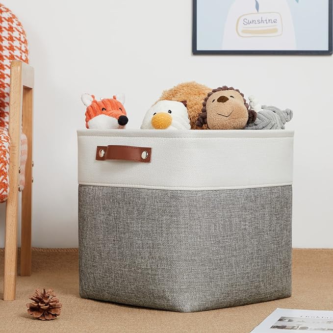 DULLEMELO [Set of 4 Storage Cubes Baskets for Organizing, 12 x 12 x 12 inch Cube Storage Organizer Bins with Leather Handles, Foldable Fabric Cloth Bins for Cube Storage(4 Pack - 12" White&Grey)-Ruum Studio Home