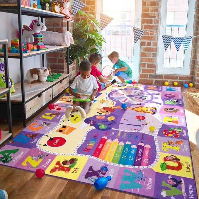 Kids Rugs for Playroom Bedroom Classroom Nursery, Non-Slip and Washable Rugs for Children Toddlers Girls, Educational and Fun Rug Carpets with ABC Alphabet Animals Shapes, 5x7, Purple-Ruum Studio Home