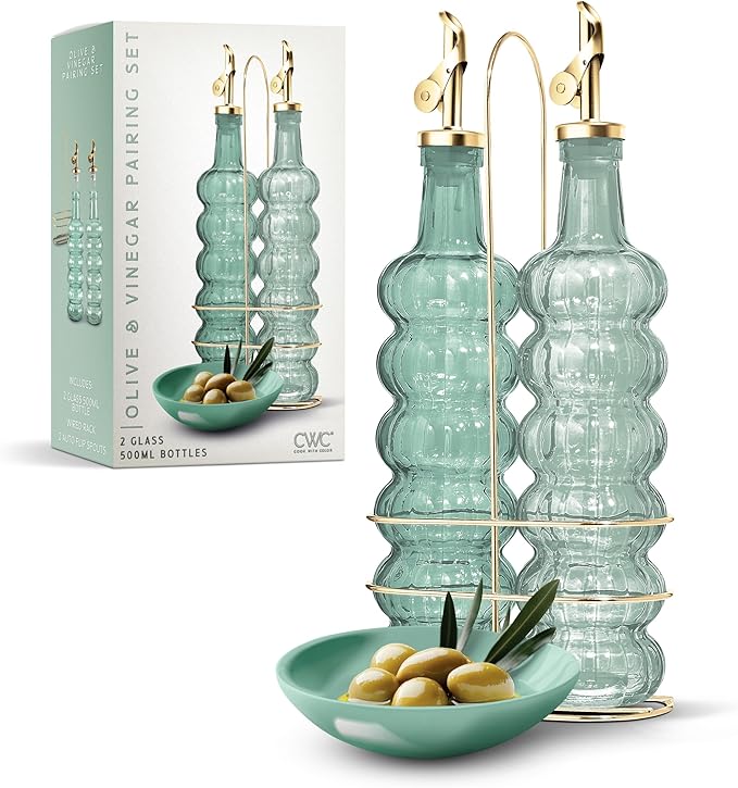 COOK WITH COLOR Glass Olive Oil Bottle Dispenser - 2 Pack- 17oz Oil and Vinegar Cruet - Olive Oil Carafe Decanter for Kitchen-Ruum Studio Home