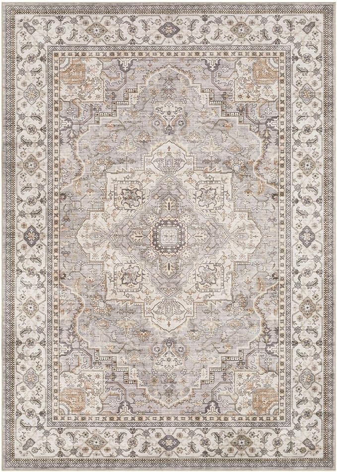 Washable Area Rugs for Living Room - 5x7 Neutral Vintage Distressed Floral Farmhouse Boho Large Soft Floor Rug Indoor Non Slip Carpet for Bedroom Dining Room Office - Grey Brown-Ruum Studio Home