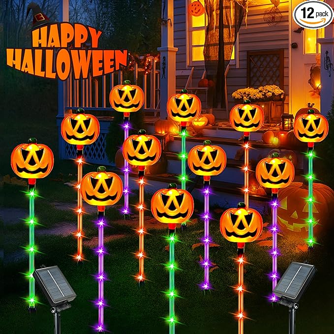 12 Pack Solar Pumpkin Lights for Halloween Decorations Outdoor, Waterproof Halloween Pathway Lights with 8 Modes, Orange Purple and Green Halloween Walkway Stake Lights for Yard Garden Party Decor-Ruum Studio Home
