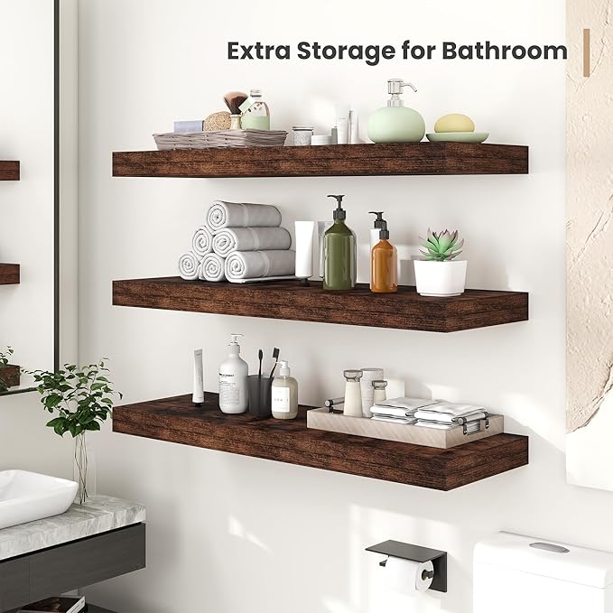 Heimlove 24 x 12 Inch Deep Floating Shelves Wall Mounted with Invisible Brackets,Storage Hanging Shelf for Wall Decor in Bathroom, Bedroom, Kitchen, Living Room, Office Set of 2 (Rustic Brown)-Ruum Studio Home