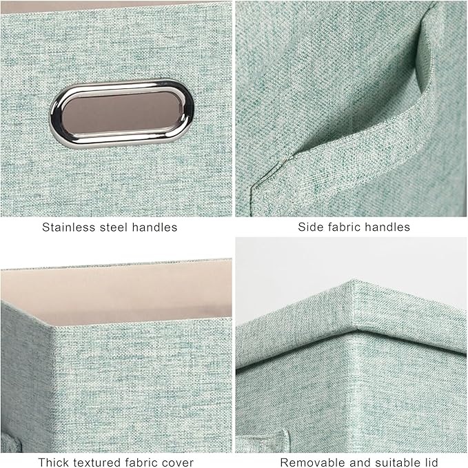 Large 17" 36 Quart Collapsible Stackable Storage Bins with Lids, 3 Packs Light Green Linen Fabric Closet Boxes with Lids, Storage Cube Baskets Container Organizers for Office (17x12x11)-Ruum Studio Home