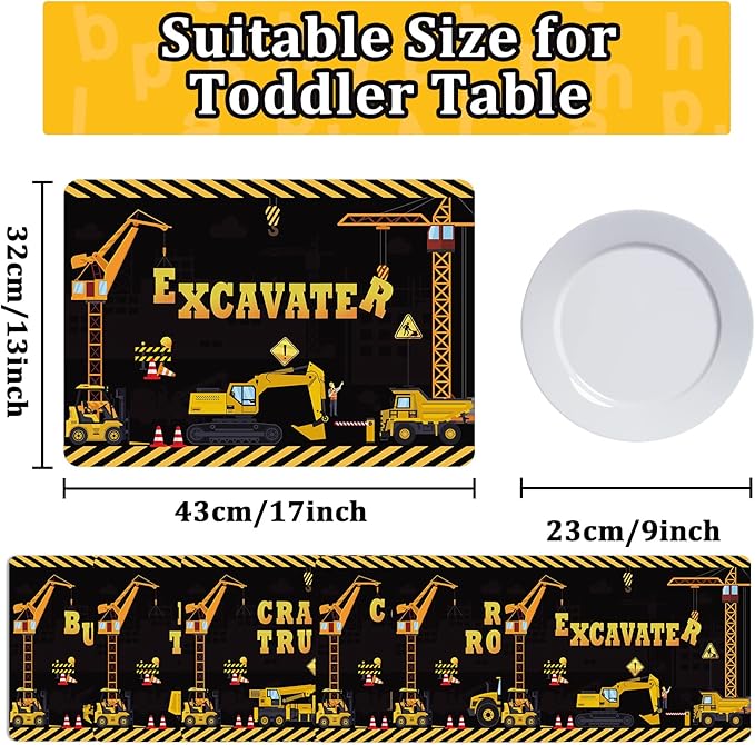 Construction Placemats Set of 6 Toddler Plastic Table Mats Dump Truck Place Mats Washable Vinyl Nursery Homeschool Table Decoration for Indoor Outdoor Party Kitchen Dining-Ruum Studio Home
