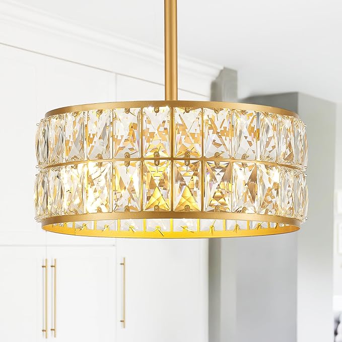 12” 3-Light Modern Crystal Chandeliers Gold Dinning Room Light Fixture, Round Pendant Light Kitchen Island Chandelier, Flush Mount Ceiling Light for Living Room Entryway Bedroom Foyer-Ruum Studio Home