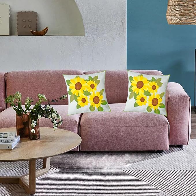 Embroidered Decorative Throw Pillow Cover, 18"x18" Set of 2, Farmhouse Pillowcase Yellow Sunflower Knit Pattern Cotton Canvas Cushion Case Square Floral Pillow Case for Sofa Couch Bed Living Room-Ruum Studio Home