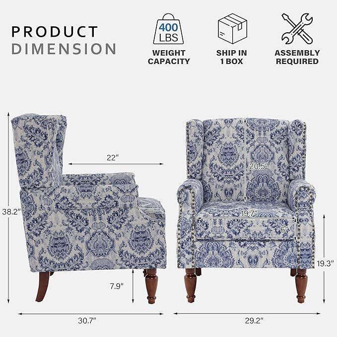 Lumibee High Back Accent Chair Set of 2, Armchair in Fabric,Comfy Upholstered Wingback Single Sofa Reading Chairs with Solid Wood Legs for Living Room,Bedroom,Office-Navy-Ruum Studio Home
