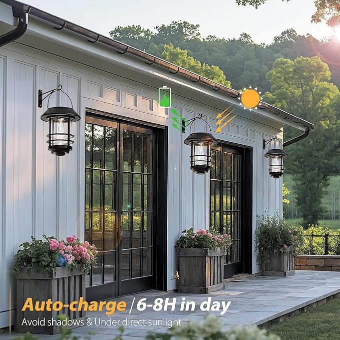 Otdair Solar Lanterns Outdoor Waterproof 2 Pack, Auto On/Off Hanging Solar Lights for Outside with Wall Mount, Glass Outdoor Lighting Outdoor Decorative for Wall, Front Porch, Yard, Garden, Fence-Ruum Studio Home