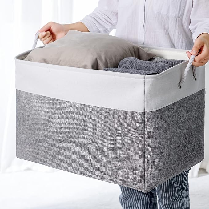 TheWarmHome Storage Bins Baskets for Organizing, 20.5L×15.7W×13.8H 3 Pack Sturdy Fabric Storage Basket W/Handles, Decorative Foldable Storage Baskets for Shelves Closet Nursery Toy (White & Grey)-Ruum Studio Home
