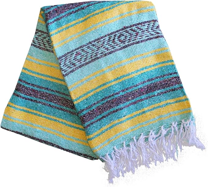 Del Mex Classic Mexican Blanket, Large Authentic Woven Falsa Throw (70"x50"), Artisan Southwest Décor for Beach, Yoga, Outdoors (Teal/Yellow)-Ruum Studio Home