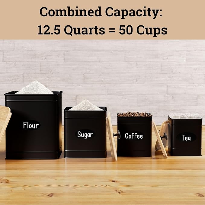 Kitchen Canisters for Countertop Set of 4 with Customizable Chalkboard Labels & Marker Pen - Big Iron Kitchen Canisters with Airtight Lids - Black Canister Set - Flour and Sugar Containers Farmhouse-Ruum Studio Home