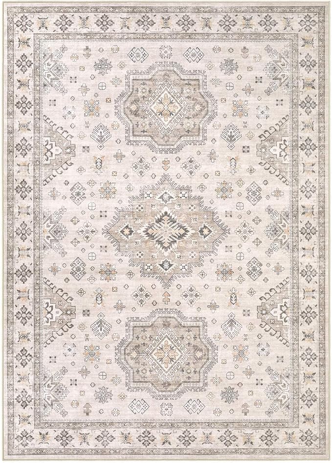 Washable Area Rugs for Living Room -8x10 Neutral Vintage Distressed Floral Farmhouse Boho Large Soft Floor Rug Indoor Non Slip Carpet for Living Room Bedroom Dining Room Office -Beige Brown-Ruum Studio Home
