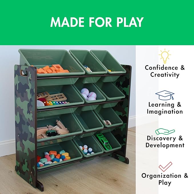 Humble Crew Kids Toy Storage Organizer with 12 Plastic Bins, Camo – Removable Bins for Playroom, Bedroom, Toddler Furniture for Boys and Girls Ages-Ruum Studio Home