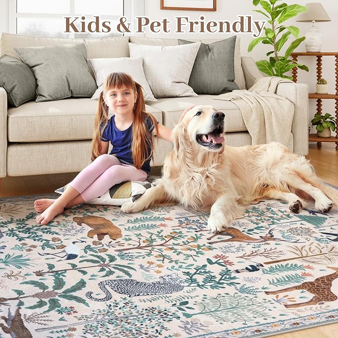 OJIA Jungle Print Washable Area Rugs 5x7, Soft Modern Rugs for Living Room Ultra-Thin Non-Shedding Bedroom Rug, Stain Resistant Neutral Area Rug Large Carpet for Dining Room Kids Nursery Playroom-Ruum Studio Home