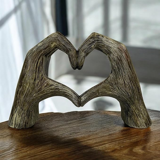Top Brass Large Rustic Heart Hands Sculpture, 9 3/4” Resin Love Statue – Romantic Decor Accent for Shelf or Mantel – Perfect for Wedding, Valentine's Day or Anniversary (Rustic Wood Grain)-Ruum Studio Home