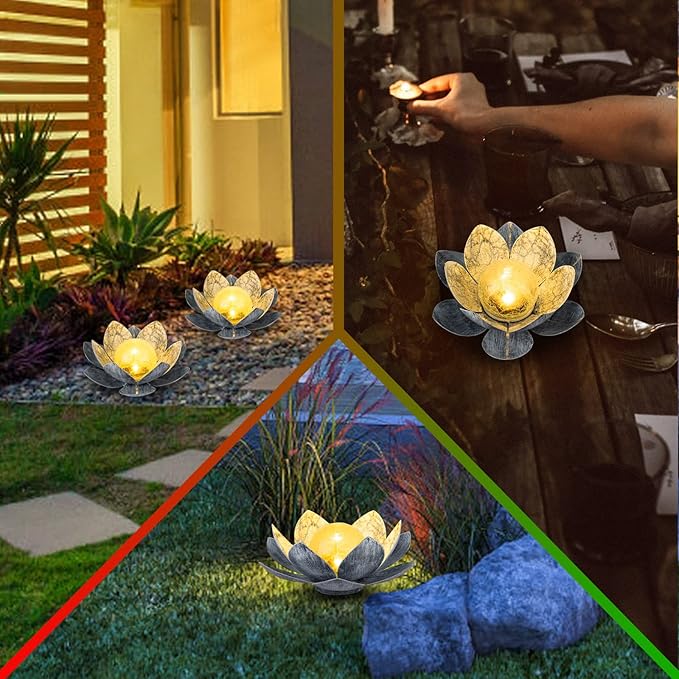 Garden Solar Light Outdoor(2Pack), Amber Crackle Globe Glass Lotus Decoration, Waterproof Gary Metal LED Flower Lights for Patio,Lawn,Walkway,Tabletop, Garden Gifts for Women-Ruum Studio Home
