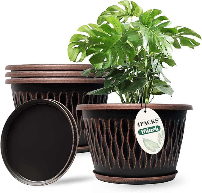 4 Pack 16 Inch Retro Plant Pots, Vintage Striped Flower Pots with Drainage Hole & Saucer, Large Plastic Planters for Indoor and Outdoor Plants, Decorative Garden Pots(Copper)-Ruum Studio Home