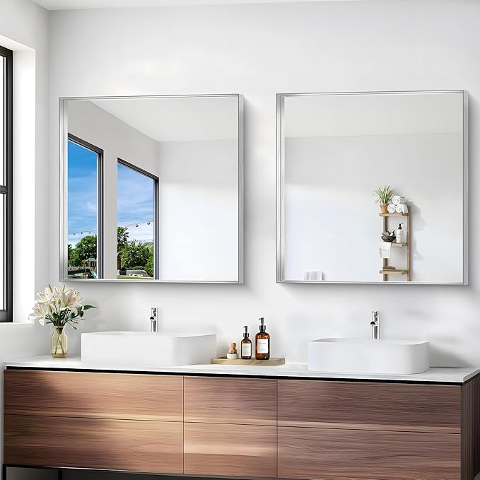 Silver Bathroom Mirror, 30x30 Inch Rectangular Framed Mirror, Large Wall Mounted Bathroom Vanity Mirror Over Sink for Bedroom,Restroom, Living Room, Hangs Vertically or Horizontally-Ruum Studio Home