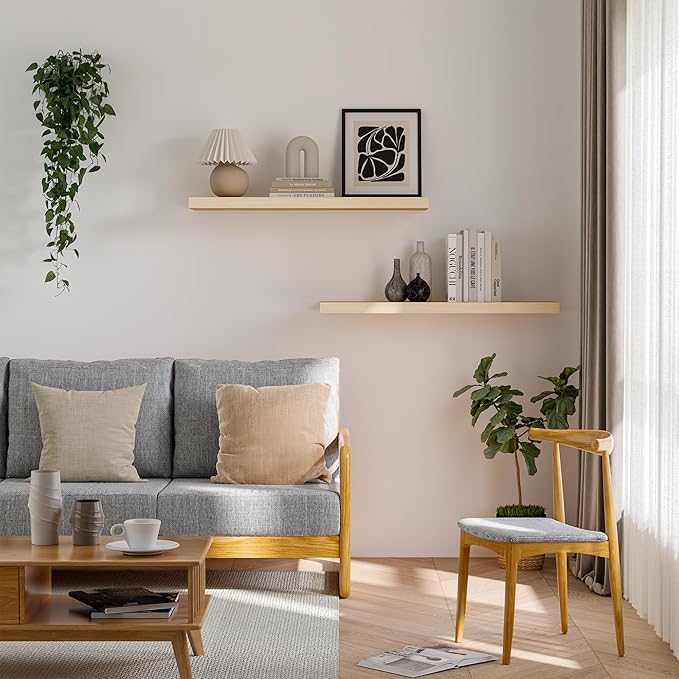 Light Wood Floating Shelves 36”x 8”x 1.4” Book Shelf Floating for Wall Mounted, Heavy Duty Shelf Hold 80 lbs, Unfinished Rustic Wall Shelves for Bedroom, Living Room, Kitchen, Office, Laundry Room-Ruum Studio Home