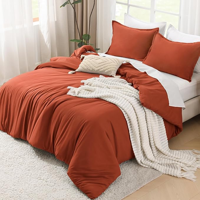 Litanika Comforters Burnt Orange Oversized King Size, 3 Pieces Lightweight Solid Bedding Comforter Set, All Season Fluffy Bed Set (120x98In Comforter & 2 Pillowcases)-Ruum Studio Home