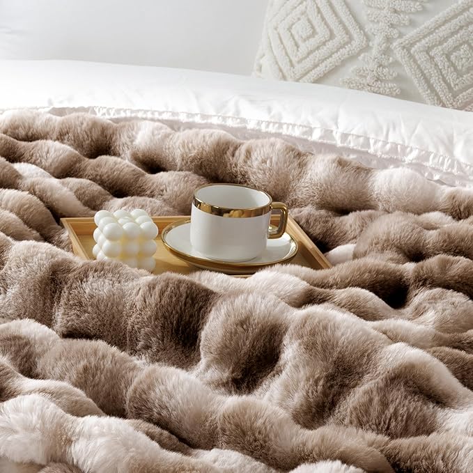 Touchat Luxury 1000GSM Rabbit Faux Fur Blanket, Super Heavy Warm Cozy Brown Blankets for Couch Bed Sofa, Ruched Plush Fuzzy Elegant Soft Reversible Mink Blanket for Living Room Bedroom, 60" x 80"-Ruum Studio Home