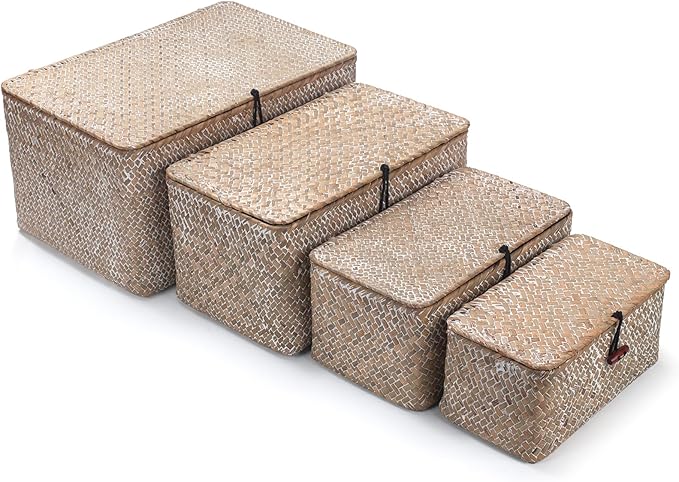 Wicker Basket with Lid, Seagrass Storage Basket, Woven Decorative Storage Baskets for Shelf Organizing, Whitewash-Ruum Studio Home