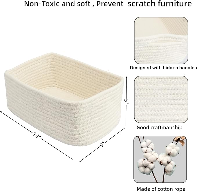 Small Woven Storage Baskets 13“X9”X5“ Decorative Rope Bins for Organizing Shelves, Closets, and Toys, Empty Gift Baskets, Cute Organizer Basket for Home and Office White Large-Ruum Studio Home
