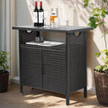 Outdoor Indoor Storage Cabinet with Rolling Wheels, Patio Serving Cart with Bar Table and Wicker Cabinet, Kitchen Island Prep Table, Black-Ruum Studio Home