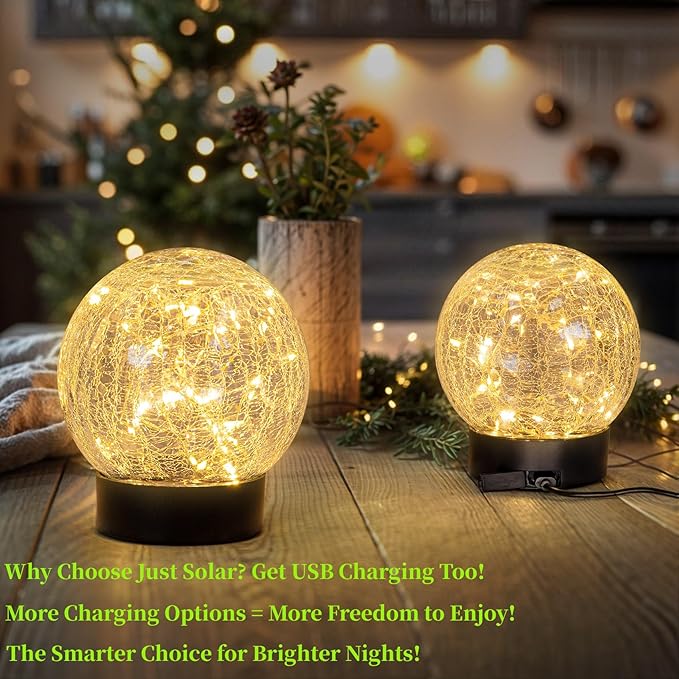 Beautyard Solar Globe Lights Outdoor Large Garden Decor USB Charged 4.72" Diameter 40LED 1000mAh Solar Lights Cracked Glass Globe Power Yard Patio Garden (4.72'' Large 2 Pack Warm White)-Ruum Studio Home