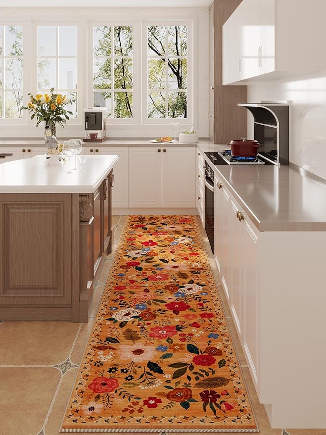 Runners for Hallways Kitchen Runner Rug Non Slip 2'x10' Long Washable Rugs with Rubber Backing Soft Floral Carpet Runner for Hallways, Kitchen, Laundry, Bedroom, Bathroom(Yellow)-Ruum Studio Home