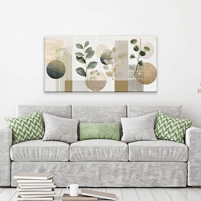 TAIJXAGSG Green Boho Wall Art Minimalist Canvas Wall Art Decor Geometric Line Leaf Beige Green Wall Art Canvas Artwork Print Paintings Abstract Art Botanical Boho Room Office Home Wall Decor 20"X 40"-Ruum Studio Home
