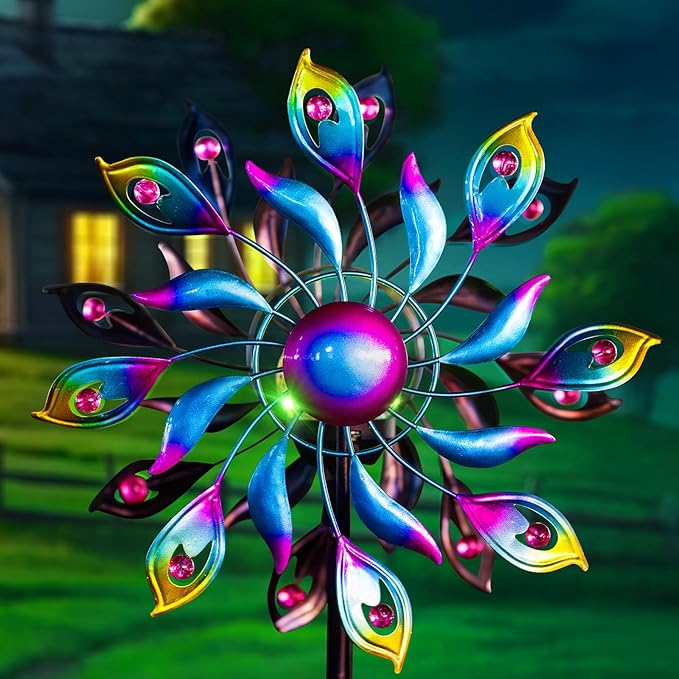 360°Peacock Solar Wind Spinner with Lights Blue Metal Garden Outdoor Decor Yard Lawn Art Decor for Patio Kinetic Windmills Unique Gifts for Friends and Family 51.9' H x 12.2'' Dia-Ruum Studio Home