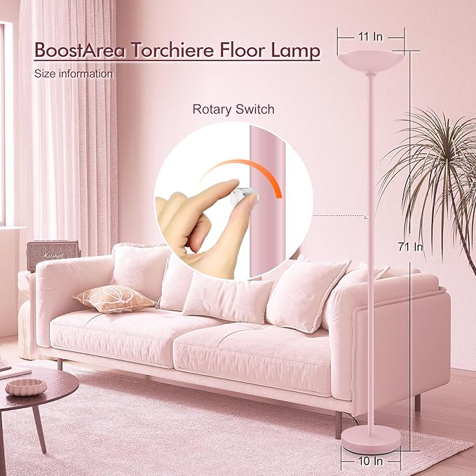BoostArea Torchiere Floor Lamp Pink, 30W Super Bright LED Standing Lamp, 3000K Stepless Dimmable Pole Lamp with Rotary Switch, 71inch Tall Metal Modern Floor Lamps for Living Room,Bedroom,Home Decor-Ruum Studio Home