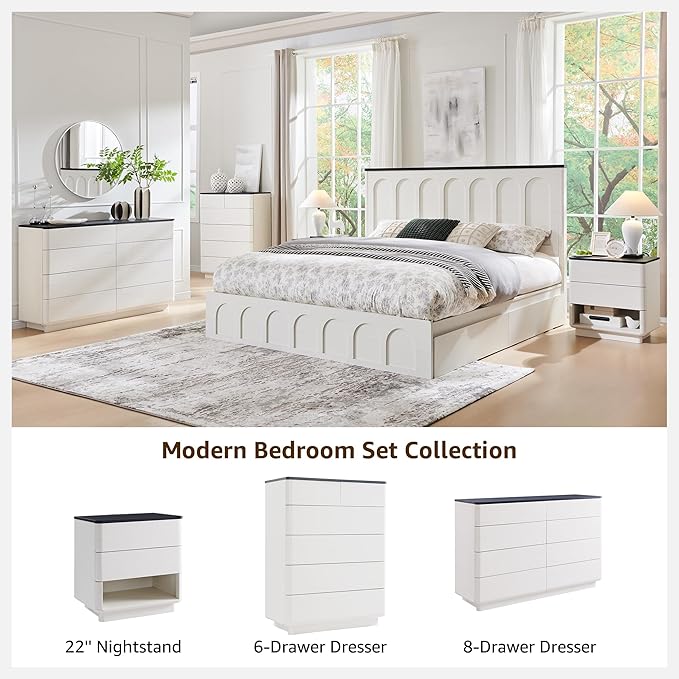 Nightstand Set of 2 with Charging Station, 22" Large Modern Bedside Table with 2 Drawers Storage,Push-to-Open End Table for Bedroom,Living Room,Off White-Ruum Studio Home