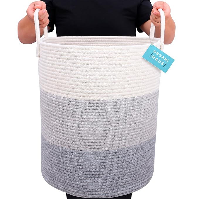 OrganiHaus Gray Nursery Laundry Basket 15x18 | Farmhouse Hamper Basket | Extra Large Storage Basket | Blanket Basket for Living Room | Baby Laundry Hamper | Toy Basket for Kids | Soft Pillow Basket-Ruum Studio Home
