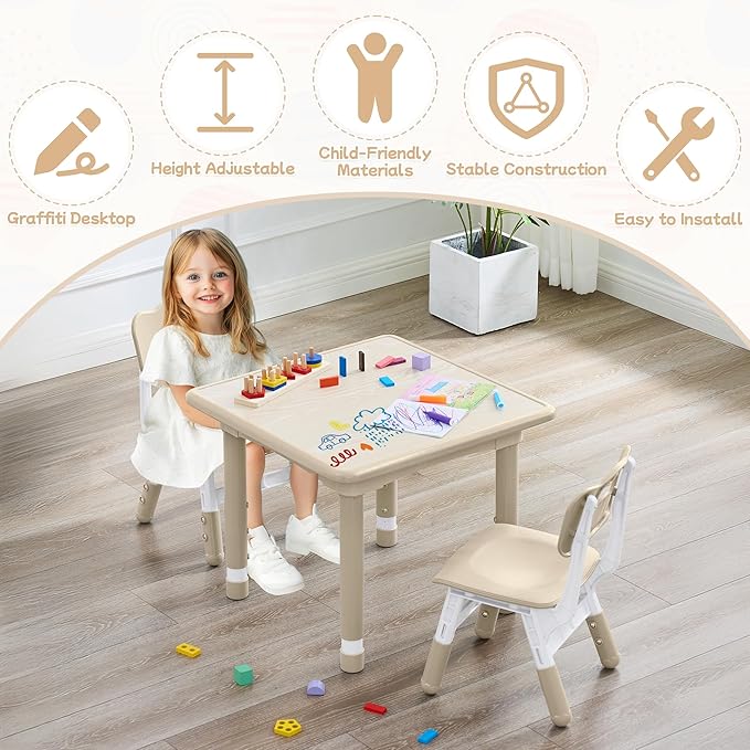 Toddler Table and Chair Set, Height Adjustable-Upgrade Kids Table and 2 Chairs for Ages 3-8, Multi-Activity Toddler Play Table with Graffiti Desktop for Home/Daycare/Classroom-Ruum Studio Home