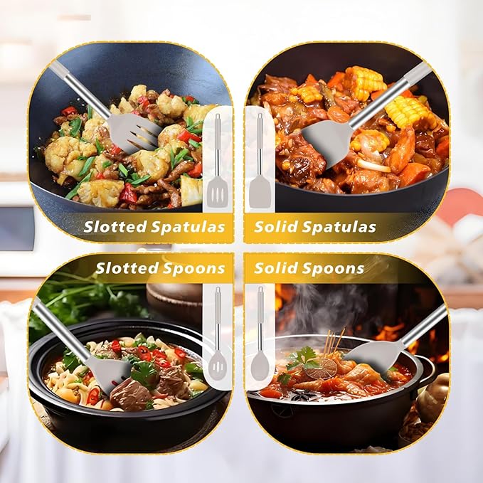 5-Piece Silicone Kitchen Tool Set, BPA-Free, Heat-Resistant, Non-Stick & Dishwasher-Safe, with Slotted/Solid Spoons & Spatulas for Frying, Mixing, Draining – Includes Multi-Purpose Serving Hook(Khaki)-Ruum Studio Home