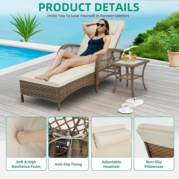 VIVIJASON Outdoor Wicker Chaise Lounge Chair, All-Weather PE Rattan Cushioned Patio Lounger Set with Side Table, 6-Position Adjustable Outside Pool Sunbathing Recliner with Armrest & Pillow, Beige-Ruum Studio Home