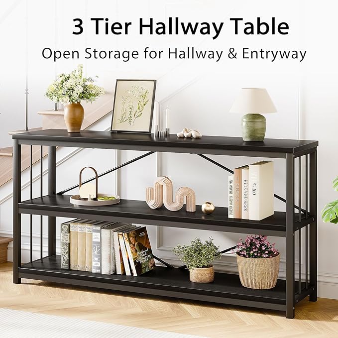 LVB Black Entryway Table, Modern Narrow Console for Hallway, Industrial Farmhouse Foyer Table with Storage Shelves, 63 Inch-Ruum Studio Home